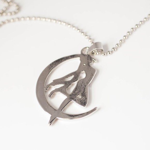 Silvertone Sailor Moon Transform Silhouette on Moon Necklace, New - Picture 3 of 4